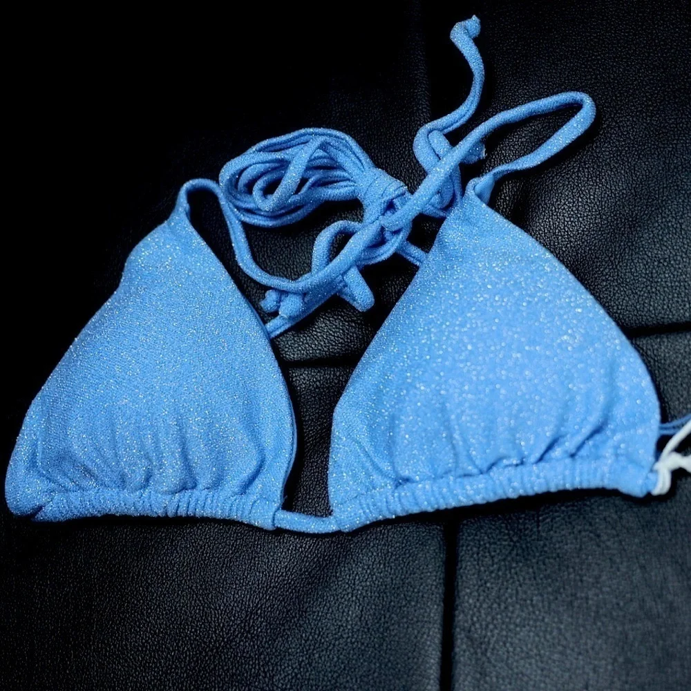 New RSQ metallic blue sparkly shimmery lined triangle bikini festival top, Large